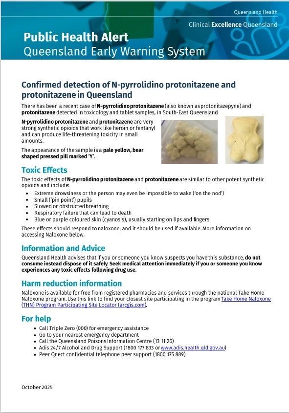 Queensland Drug Warning - Nitazenes detected in a pale-yellow, bear-shaped, pressed pill marked 'Y'