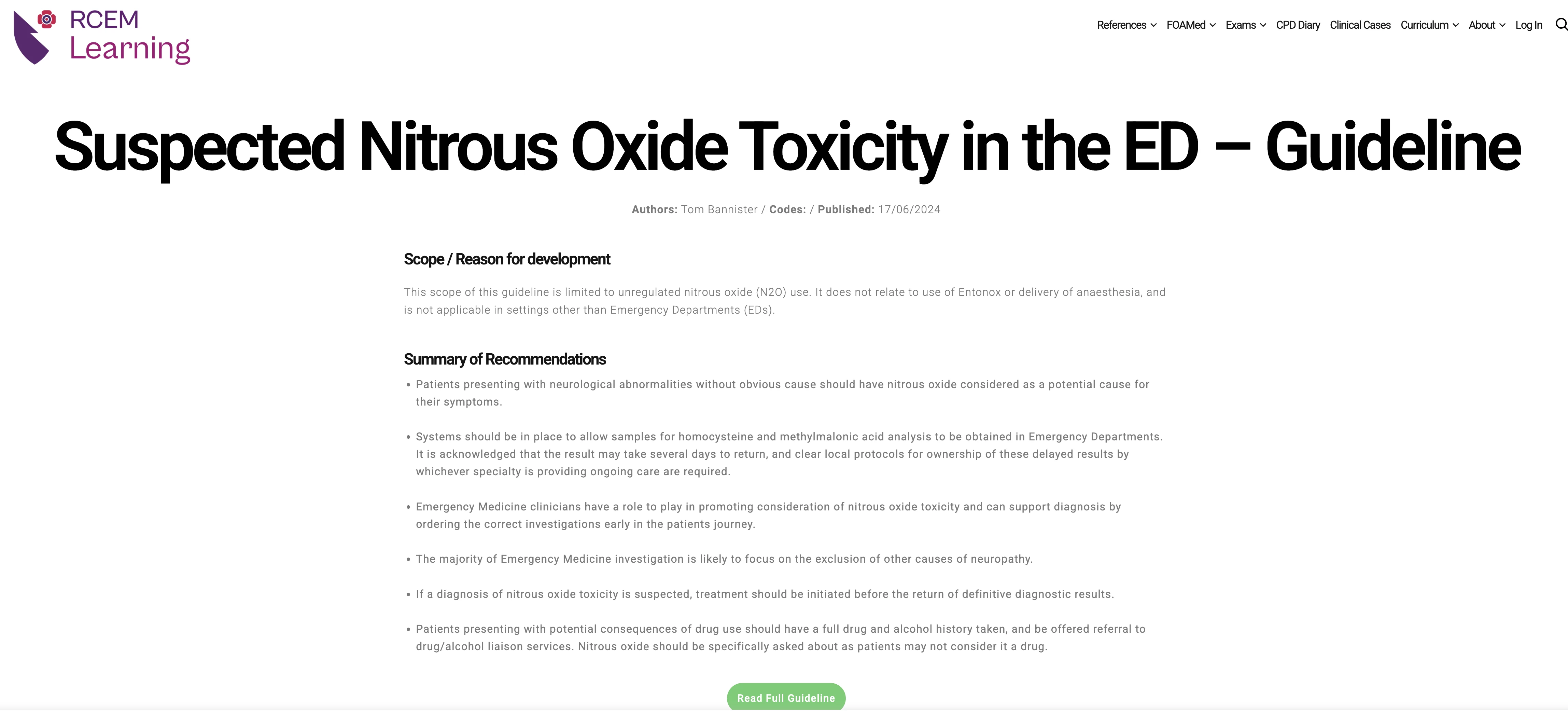Suspected nitrous oxide toxicity in the ED – Guideline